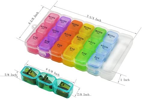 7 Days Pill Organizer Tablet Box Weekly Medication Case Daily AM Morning Noon PM Night Backup Container Compartments Detachable Dispenser (21 Compartment)