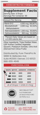 BioActive Vegan Vitamin B12 Sublingual Liquid Supplement - B12 Liquid Vitamin Drops with Hydroxocobalamin, Adenosylcobalamin & Methylcobalamin 1,000 mcg per Drop (4 Drops a Day for a 90-Day Supply)