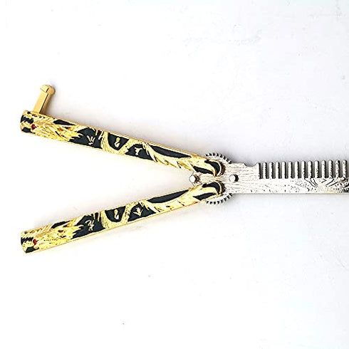 WANLIAN Dragon Butterfly Comb Trainer-Balisong Comb,Butterfly Comb Stainless Steel Folding Training Practice Combs Hair Styling Tools for Sport Outdoor Use (Black gold dragon)