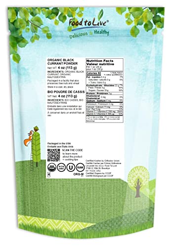 Organic Black Currant Powder, 4 Ounces — Non-GMO, Raw, Kosher, 100% Pure, Vegan Superfood, Bulk, Rich in Antioxidants, Great for Juices, Drinks, and Smoothies, Contains Maltodextrin