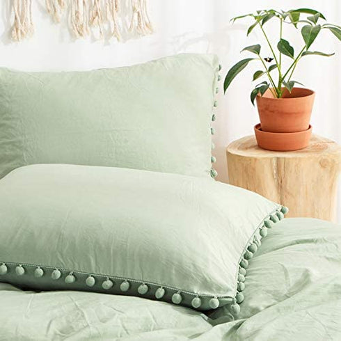Sage Green Pom Poms Pillowcases, Green Standard Pillow Cases Set of 2, 100% Washed Microfiber, Dark Sea Green Ball Fringe Pillow Cover, 2 Pack (Queen, Sage Green)