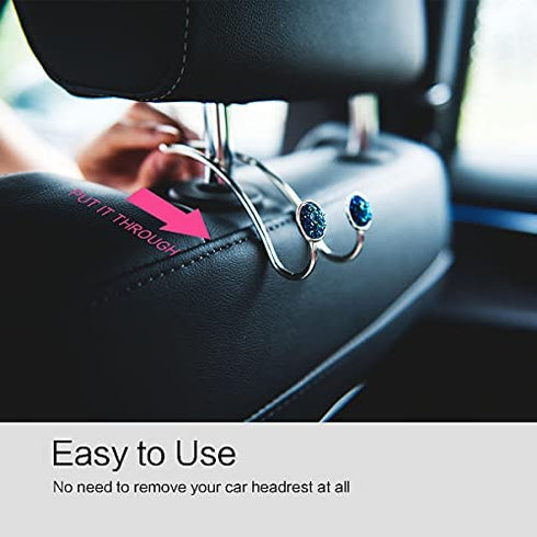 4 Pack Bling Bling Car Hooks, Universal Car Headrest Hooks, Strong Stainless Steel Car Seat Headrest Hanger Hooks for Purses & Grocery Bags (Blue)