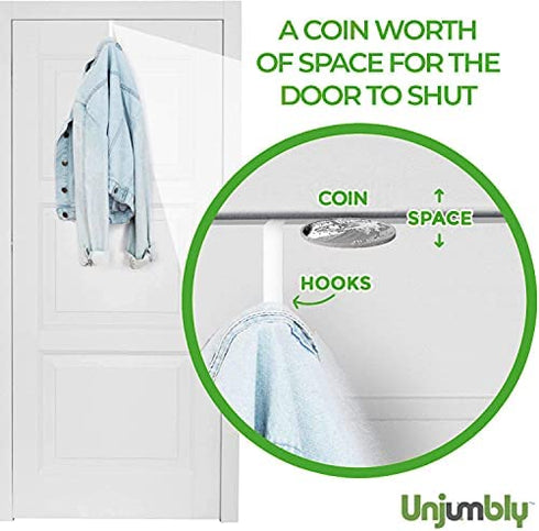 Unjumbly Over The Door Hooks, Set of 2 - Strong Hooks for Laundry Room Organization & Bathroom Storage - Over Door Towel Rack - Fits Wide & Thin Doors - White