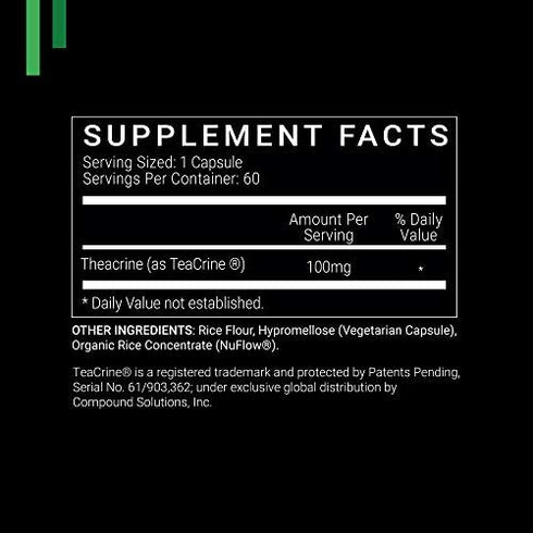 Theacrine 100mg as Teacrine™ - 60 Count (V-Capsules) / 60 Servings: Manufactured in a cGMP-Registered Facility in USA; Vegan & Gluten Free