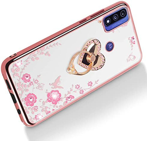 B-wishy for Motorola Moto G Pure Case.Moto G Power Case 2022 for Women, Glitter Crystal Butterfly Heart Floral Slim TPU Luxury Bling Cute Cover with Kickstand+Strap for Motorola Moto G Pure(Rose Gold)