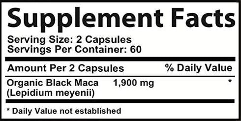 Organic Black Maca 1,900 mg per serving Natural Energy Booster Peruvian Maca for men & women 120 capsules