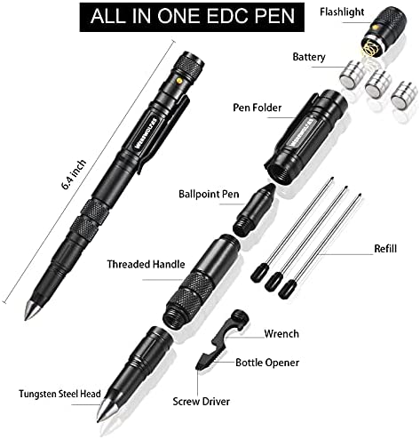 Tactical Pen - Multitool - 6 in 1 Tactical Gear and EDC - Tactical Flashlight, Bottle Opener, Screwdriver, 12 Black Refills... Mens Dad Husband Gifts Christmas Gifts Ideas, Gift Boxed