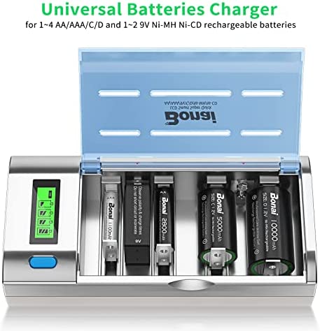 BONAI LCD Smart Battery Charger for C D AA AAA 9V NiMH NiCD Rechargeable Batteries with Refresh Function