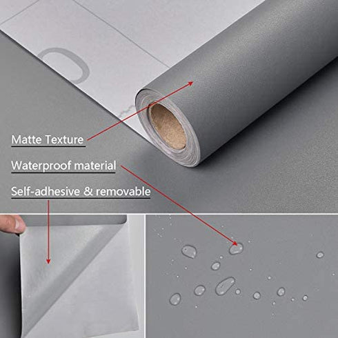 Caltero Solid Grey Contact Paper 15.7In×118In Matte Gray Wallpaper Grey Peel and Stick Wallpaper Waterproof Self Adhesive Vinyl for Wall Countertop Cabinet Shelf Home Decoration
