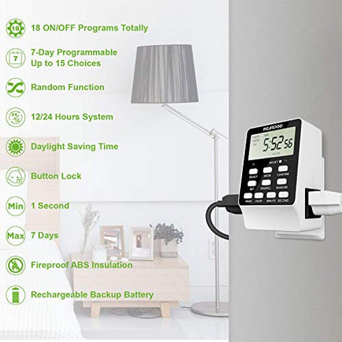 Outlet Timer, NEARPOW Dual Digital Light Timer with 2 Independently-controlled Outlets, 18 ON/OFF Programs, 24-Hour and 7-Day Programmable,Indoor Heavy Duty Electrical Timer Switch, 3 Prong, 15A/1800W