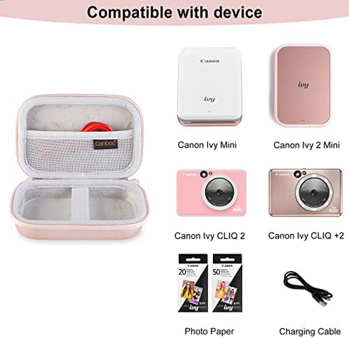 Canboc Hard Case for New Canon Ivy 2 Mini/Canon Ivy Mini/Canon Ivy CLIQ+2 CLIQ 2 CLIQ+ Photo Printer Mobile Wireless Bluetooth Instant Camera Printer, Mesh Bag fit Photo Paper and Cable, Rose Gold