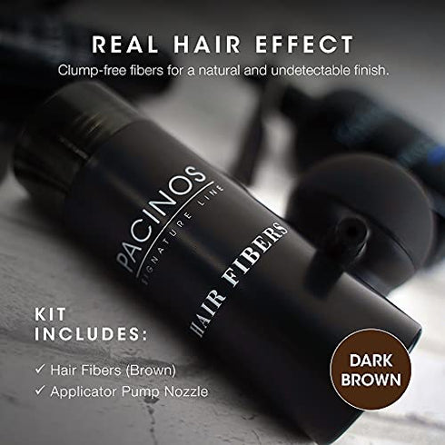 Pacinos Hair Fibers (Dark Brown) - Thickening Fibers Achieve Fuller Appearance by Concealing Thinning Hair & Bald Spots, Includes Applicator Pump Nozzle
