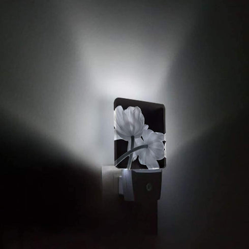 Plug-in Night Light Lamp with Sensor, Flower Art Grey and White Tulip, Wall LED Nightlights Auto Dusk to Dawn Sensor for Bedroom, Baby Nursing, Bathroom, Hallway, Stairs Home Decorative Black
