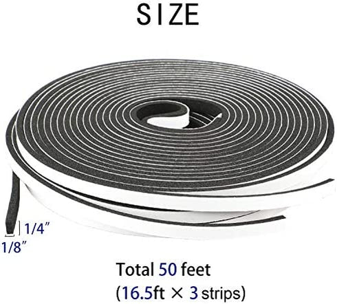 Yotache Foam Tape 3 Strips Total 50 Feet Long 1/4 Inch Wide X 1/8 Inch Thick, Weather Stripping for Doors and Window High Density Foam Seal Tape Sliding Door Weather Strip, 3 X 16.5 Ft Each