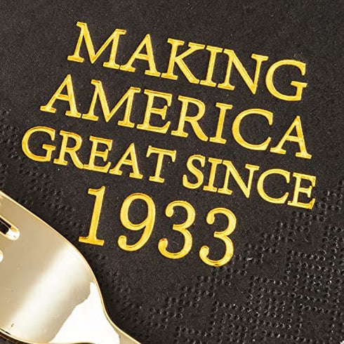 Crisky 90th Birthday Disposable Napkins Black and Gold Dessert Beverage Cocktail Cake Napkins 90th Birthday Decoration Party Supplies for Man Making Great Since 1933, 50 Pack 4.9"x4.9" Folded