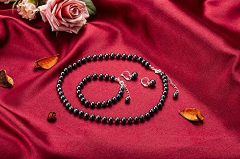 Rakumi Sterling silver 8mm Black Seashell Pearl Necklace Bracelet and Earrings Set for Women