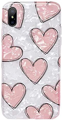 J.west iPhone XR Case 6.1-inch Luxury Cute Pink Heart Design Sparkle Translucent Pearly-Lustre Love Pattern Print Flexible Slim Soft Silicone Rubber Protective Phone Case Cover for Girls Women