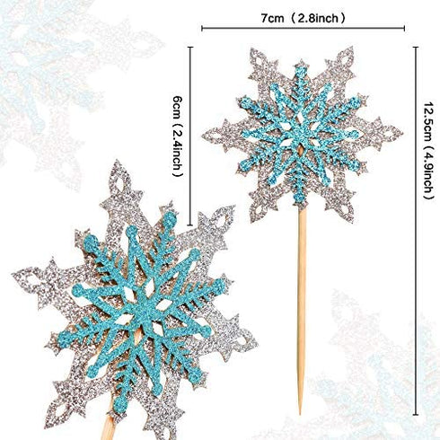 Ercadio 24 Pack Snowflake Cupcake Toppers Double Layers Silver and Blue Winter Theme Cupcake Picks Baby Shower Kids Birthday Party Christmas Cake Decorations Supplies