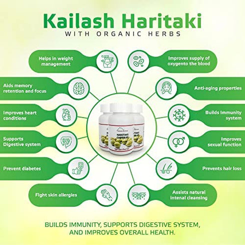 Kailash Herbals Organic Haritaki Capsules -100 Capsules-1950mg Detoxification & Rejuvenation - Improve Digestion, Internal Cleansing | -Terminalia chebula | Vegan, Non-GMO, Gluten-Free