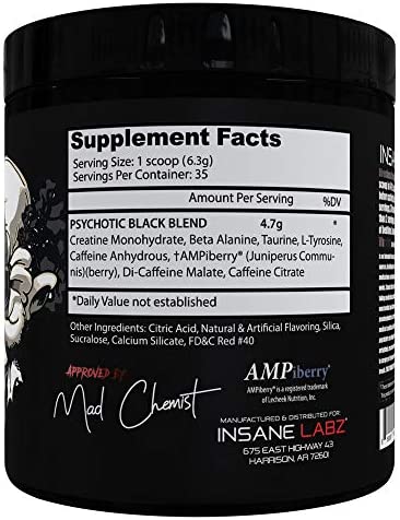 Insane Labz Psychotic Black Edition Mid Stimulant Pre Workout Powder, Energy Focus Pumps, Loaded with Creatine Beta Alanine Taurine Fueled by AMPiberry, 35 Servings Watermelon