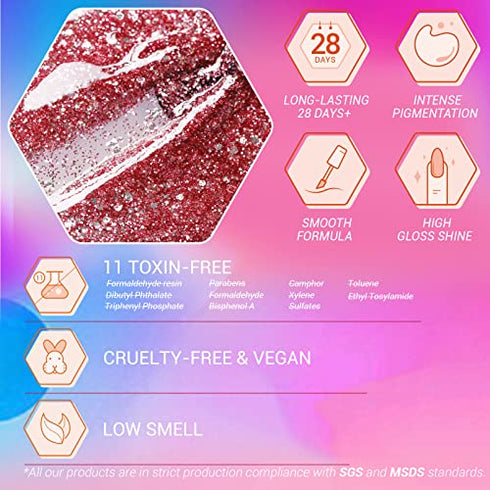 Modelones Glitter Gel Nail Polish - 6 Colors Sparkle Red Pink Purple Gel Polish Set Gel Blue Gold Silver Fingernail Polish Set Holiday Gel Collection of Manicure Starter Kit in Gifts for Women Package