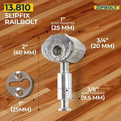 Zipbolt Handrail to Newel Post Connector — 13.810 Slipfix Railbolt, Staircase Post Fastener with 5mm Hex and Wood Plugs, Durable, Easy Installation for Residential & Commercial Use — 1 Double Pack