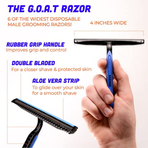 Razorba GOAT Wide Body Shaver for Men (6 PACK) Body Manscape Razors. 6 Wide Disposable Body Shavers. Skin Sensitive Back Shavers for Men. Shave Wet or Dry. Easy to Use Man Groomer