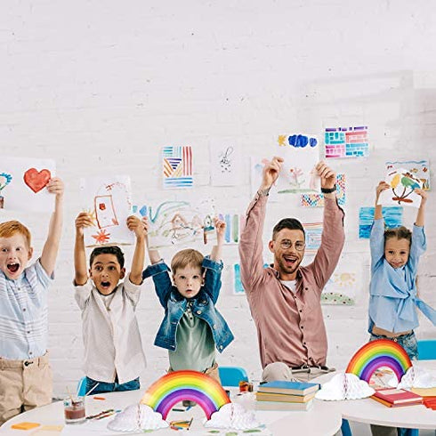 Rainbow Honeycomb Paper Centerpiece Rainbow Cloud Centerpieces Unicorn No Crease Converting Rainbow Centerpieces for Birthday Party Baby Shower Tables Decoration (6 Pieces)