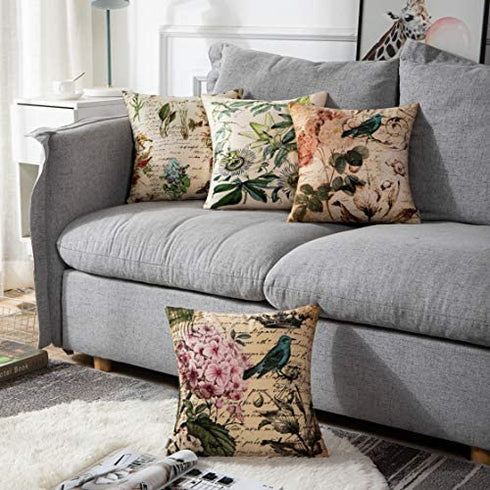 Emvency Set of 4 Throw Pillow Covers Paris French Botanical Floral Victorian Bird Rose Gardens Green Flower Decorative Pillow Cases Home Decor Square 16x16 Inches Pillowcases