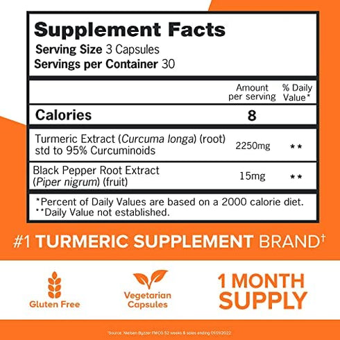 Turmeric Curcumin with Black Pepper, Qunol 2250mg Turmeric Extract with 95% Curcuminoids, Extra Strength Supplement, Enhanced Absorption, Supports Healthy Inflammation Response, 90 Vegetarian Capsules