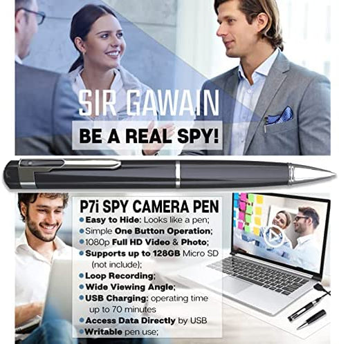 SIRGAWAIN Hidden Spy Camera Pen 1080p - Nanny Camera Spy Pen Full HD Loop Recording or Picture Taking - Wireless Hidden Security Cam with Wide Angle Lens, Discrete Rechargeable