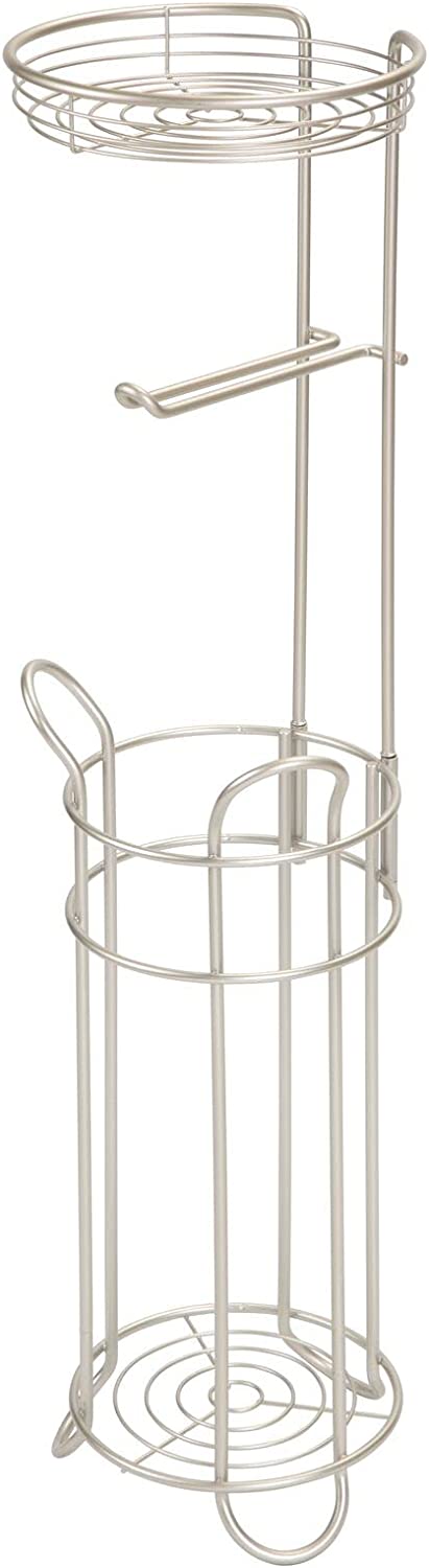 mDesign Freestanding Metal Wire Toilet Paper Roll Dispenser and Holder Stand for Bathroom Storage Organization - Top Round Storage Tray Shelf for Cell Phone, Book, Spray - Holds 4 Mega Rolls - Satin