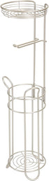 mDesign Freestanding Metal Wire Toilet Paper Roll Dispenser and Holder Stand for Bathroom Storage Organization - Top Round Storage Tray Shelf for Cell Phone, Book, Spray - Holds 4 Mega Rolls - Satin