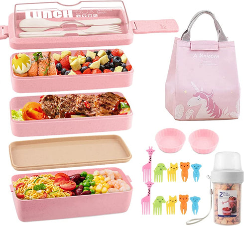 Bento Lunch Box Kit, Japanese 3 Layer Stackable Lunch Containers Set with Lunch Bag and Utensils, Bento Boxs for Kids and Adults, Microwave Safe (Pink)
