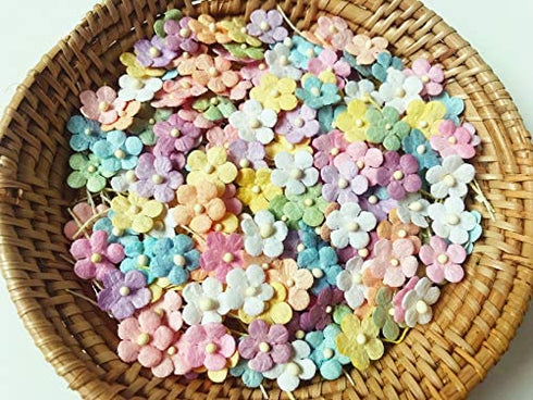 TH Flowers Embellishment with Thread stem 8 mm Mulberry Paper Flowers 50 Tiny Craft Supplies Scrap Booking Embellishments for so Many Card Craft Projects