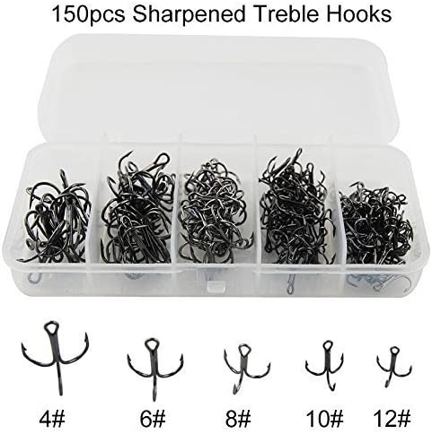 Black Treble Hooks Kit, 150pcs Sharp Treble Fishing Hooks Set High Carbon Steel Classic Round Bend Triple Fish Hooks Set for Catfish Saltwater Freshwater Size 4 6 8 10 12