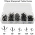 Black Treble Hooks Kit, 150pcs Sharp Treble Fishing Hooks Set High Carbon Steel Classic Round Bend Triple Fish Hooks Set for Catfish Saltwater Freshwater Size 4 6 8 10 12