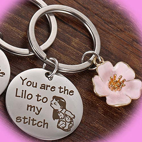 Stitch and Lilo Inspired Keychain Gift - You are The Lilo to My Stitch Keychains Cosplay Stich Jewelry Blue Pink Hibiscus Flowers Key Chains for Fans Collectors Friends Bestie BFF Keyring (2 Pack)