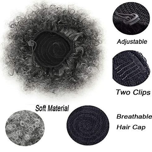 THEMIS HAIR Afro Puff Drawstring Ponytail For Black Women , High Puff Drawstring Short Ponytail Bun For Natural Hair , Afro Kinky Curly Ponytail Hairpieces With Clip In Color Smoky Gray