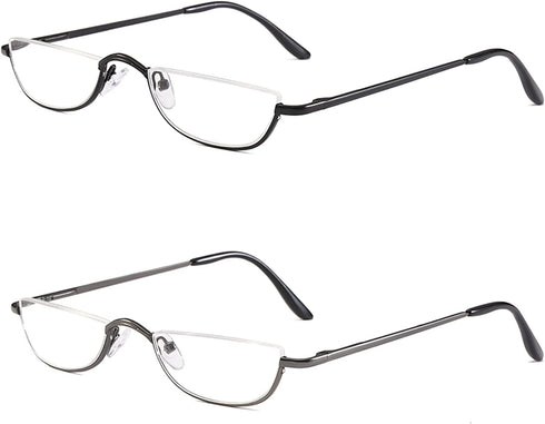 KoKoBin Half Reading Glasses - 2 Pairs Half Rim Metal Frame Glasses Spring Hinge Readers for Men and Women, Black+Gunmetal 2.00