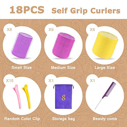 Self grip hair roller set,Hair roller set 18 pcs,Heatless hair curlers,Hair rollers for Long hair,Medium and Short hair,Hair rollers with hair roller clips and comb,Salon hairdressing curlers,DIY Hair Styles, Sungenol 3 Sizes Hair Rollers in 1 set