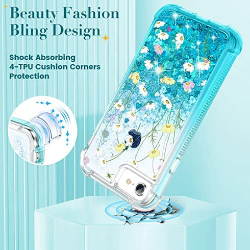 Ruky iPhone 6 6s 7 8 Case, iPhone SE 2022 Case, Full Body Glitter Liquid Floral Cover with Built-in Screen Protector Shockproof Girls Women Case for iPhone 6/6s/7/8/SE 2020 & SE 2022, Flower Bouquet