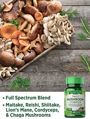 Mushroom Supplement Capsules | 60 Count | Full Spectrum | Non-GMO, Gluten Free | Complex of Super 6 Mushrooms | by Nature's Truth
