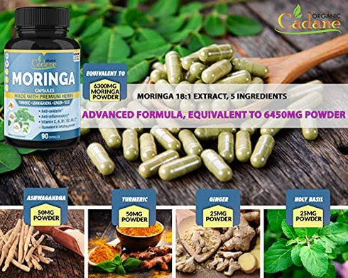 Organic Moringa Extract Capsules equivalent to 6450MG, 3 Months Supply & Ashwagandha, Tulsi, Ginger, Turmeric| Multi Vitamin Oleifera Leaf Herb| Support Immune, Energy Booster| Anti-Inflammatory Herbs