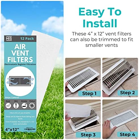 Air Vent Filters 1 Pack of 12 - 4" x 12” – Register Vent Filters – AC Unit or Heater Vent Filter Electrostatically Charged for Dust, Smoke and Pollen – AC Vent Filter – Essential Oil Diffuser