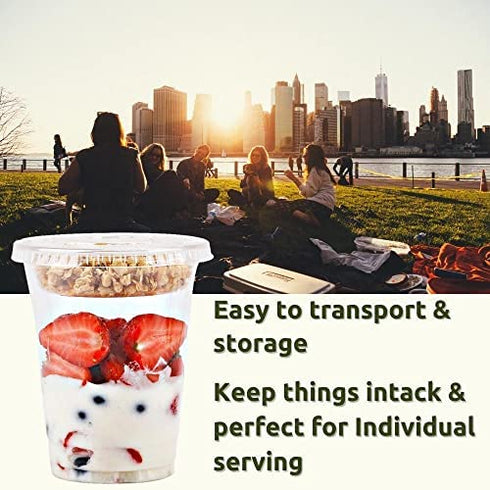 12 oz Clear Plastic Parfait Cups with Insert 3.25oz & Flat Lids No Hole - (20 Sets) Yogurt Fruit Parfait Cups for Kids, for Dips and Veggies, Take Away Breakfast and Snacks. No Leaking
