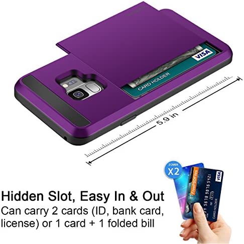 Vofolen Cover for Galaxy S9 Case Wallet Card Slot Holder Sliding Hidden ID Pocket Dual Layer Heavy Duty Protection Rugged Hard Shell TPU Bumper Armor Protective Case for Samsung Galaxy S9 (Purple)