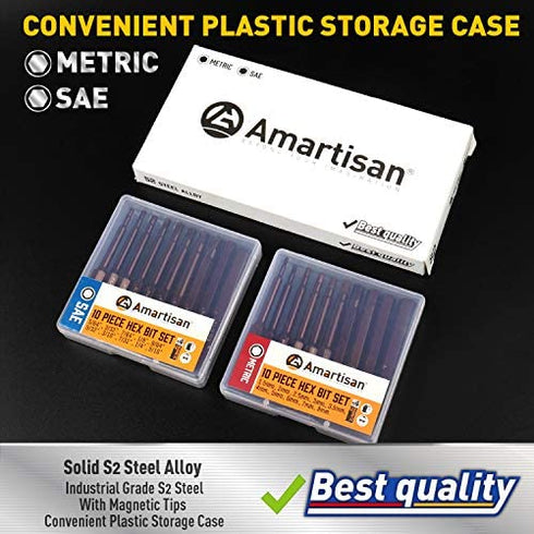 Amartisan 20-Piece Hex Head Allen Wrench Drill Bit Set, Metric and SAE S2 Steel Hex Bits Set, Magnetic Tips, 2.3" Long With Storage box