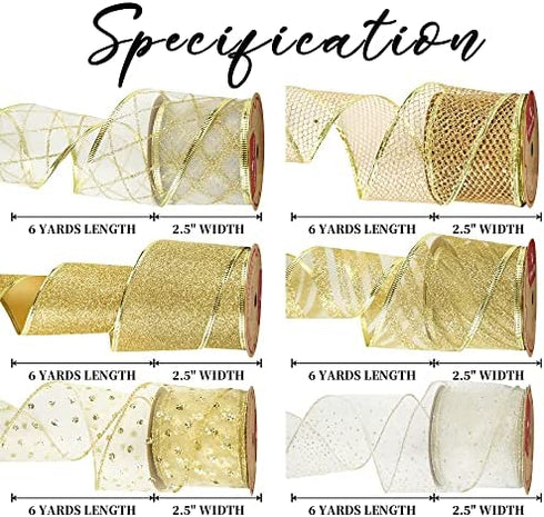 MEEDEE Gold Ribbon 2.5 Inch Christmas Ribbon 6 Rolls 36 Yards Organza Sheer Ribbon Mesh Ribbon Metallic Glitter Decorating Gift Wrapping Ribbon Bow Perfect for A Tree Topper Wreath Mailbox Swag