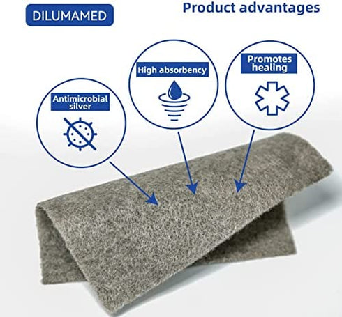 DILUMAMED Silver Calcium Alginate Wound Dressing 4"x4"(Pack of 12), High Absorption Bandage Patch for Bed Sore, Pressure Sore, Leg Ulcer, Diabetic Foot Wound Care